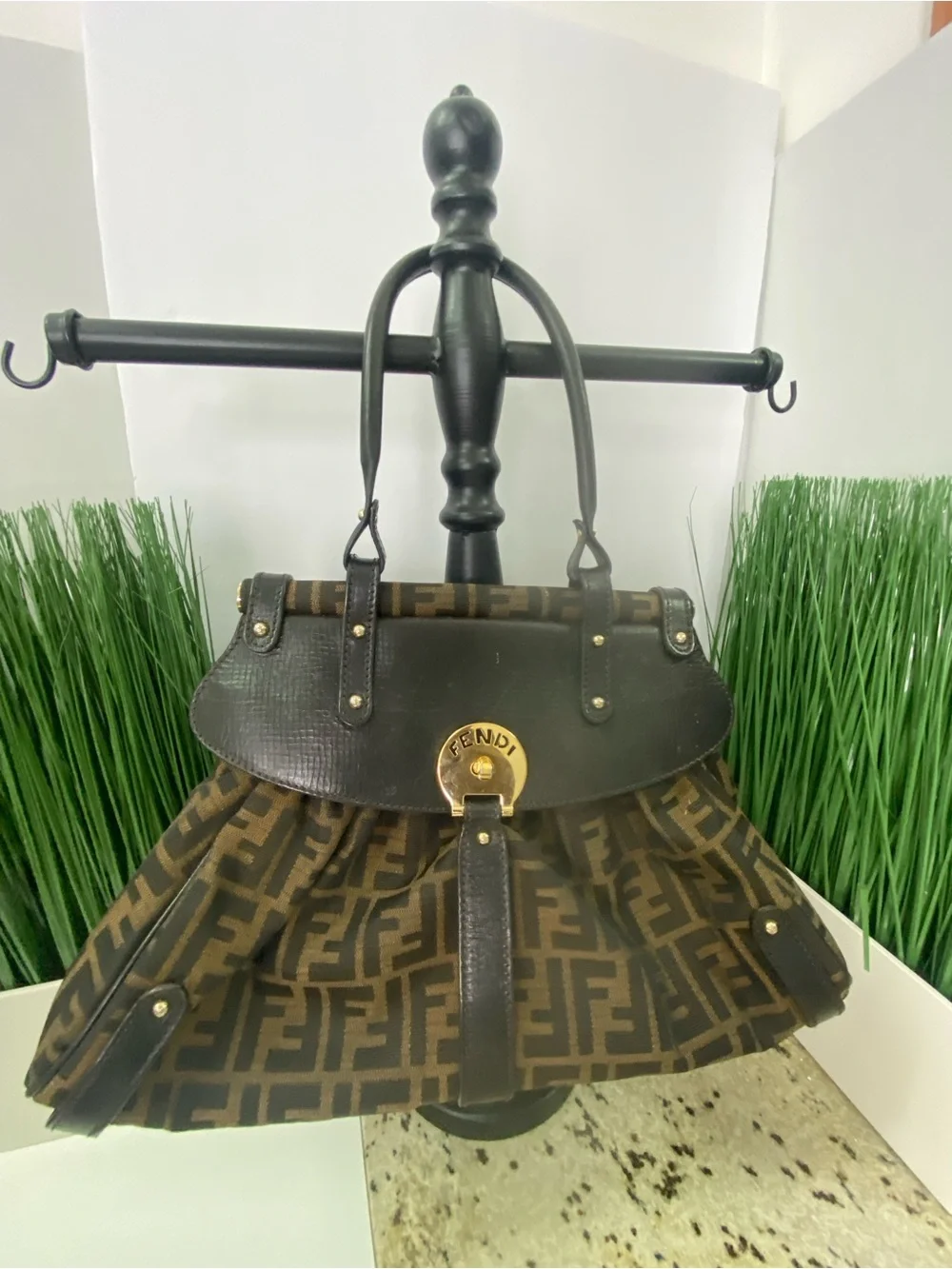 Fendi Brown Zucca FF Canvas Satchel with Dark Brown Leather Trim